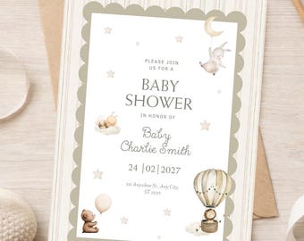 Neutral Baby Shower Invitation, Teddy Bear Nursery, Bunny Hot Air Balloon (Digital Download)