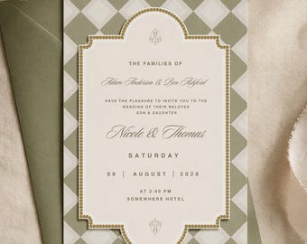 Classic green and ivory wedding invitation, digital download, minimal elegant invite