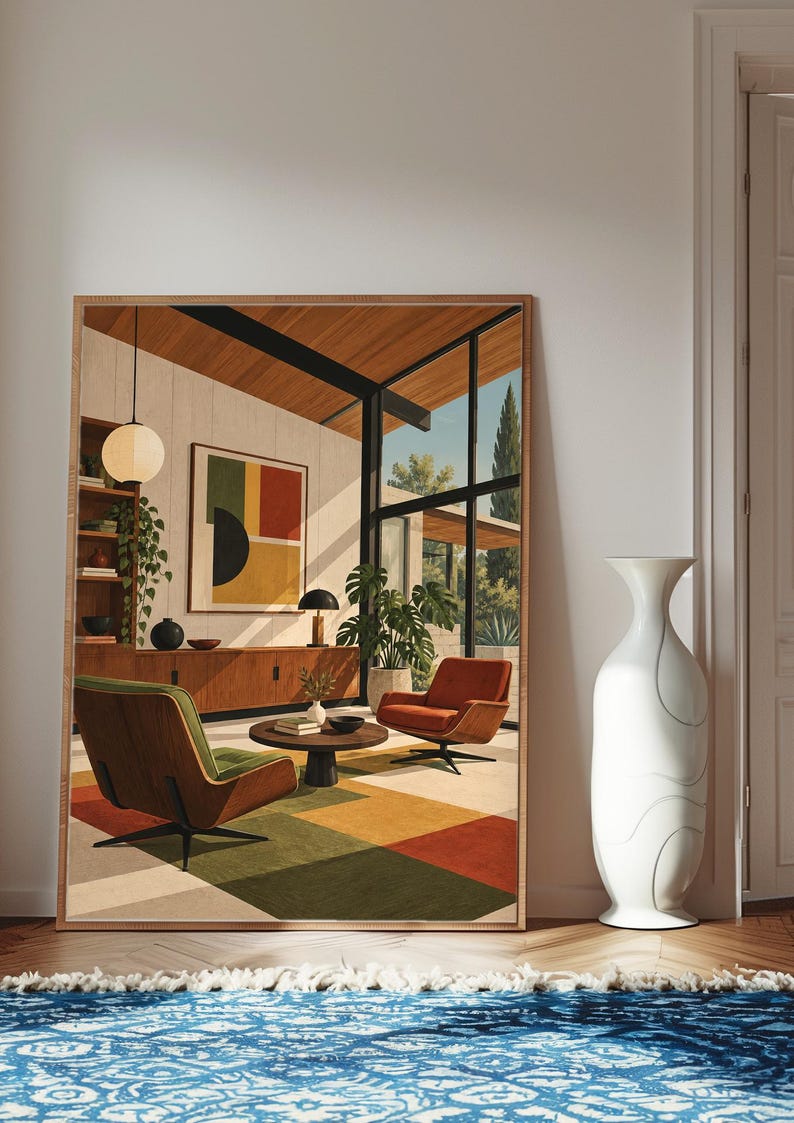 Mid Century Modern Living Room Poster | Retro Modern Illustration Wall ...