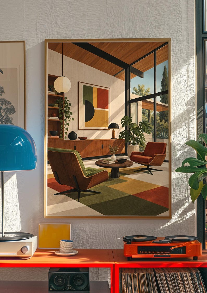 Mid Century Modern Living Room Poster | Retro Modern Illustration Wall ...