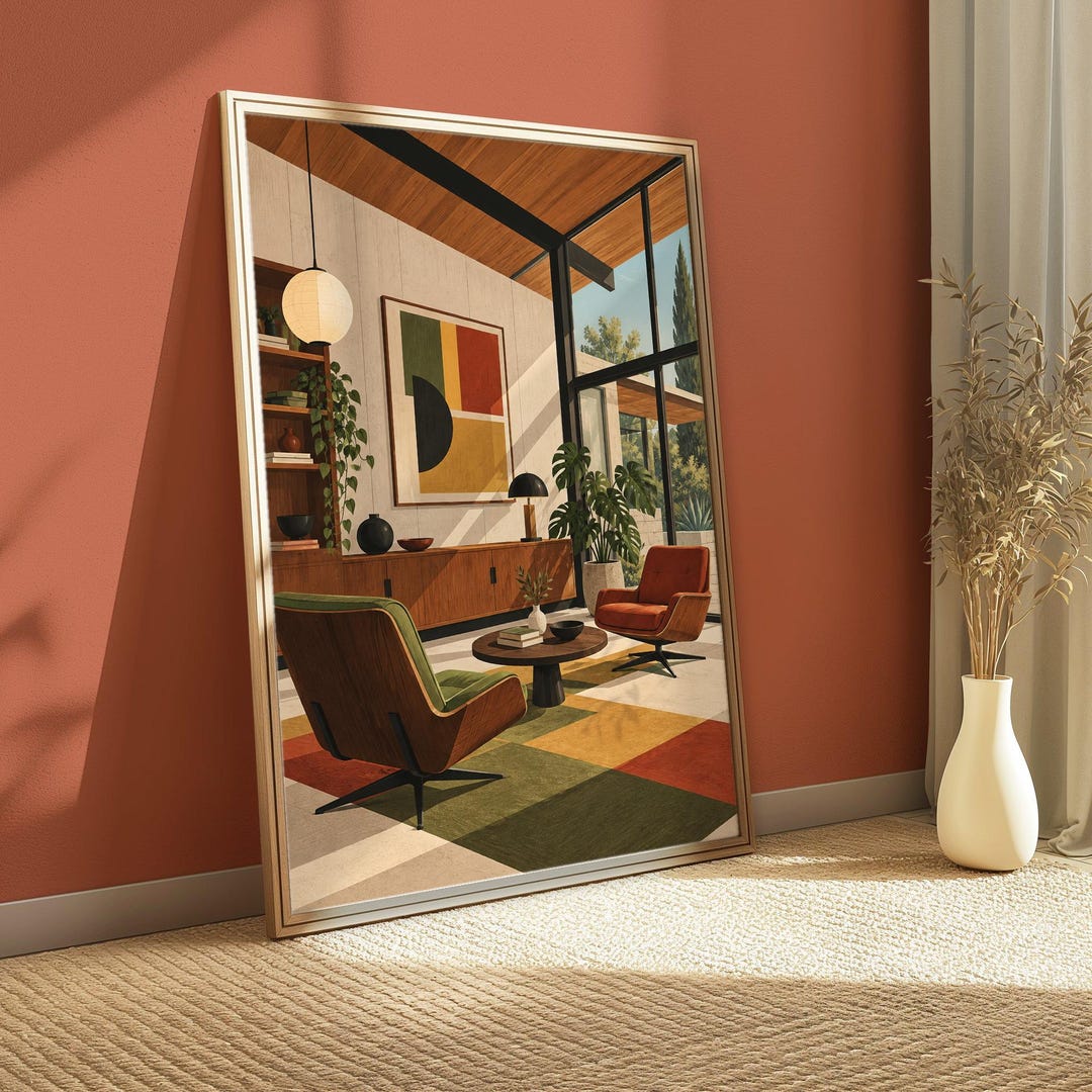 Mid Century Modern Living Room Poster | Retro Modern Illustration Wall ...