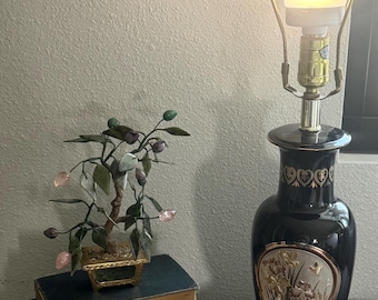 Vintage Japanische Schwarz Lack Tischlampe Iris Kolibri Mischmetall Inlay MCM