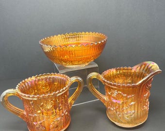 Juego de cristal Vintage Imperial Carnival Glass Marigold Rose / Bol iridiscente, lechera, azucarero