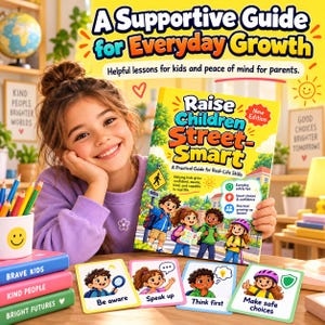 以下が含まれることがあります： Raise Children Street-Smartというタイトルの黄色い表紙の本には4人の子供のイラストが描かれており、Be aware、Speak up、Think first、Make safe choicesと書かれた4枚の教育用カードと、3冊の本の積み重ねが添えられています。
