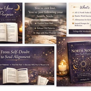 Könnte beinhalten: Eine Sammlung von Bildern mit einem Buch mit dem Titel "North Node: Your Soul's Purpose" mit Himmelsillustrationen. Das Buch wird von Kerzen und offenen Büchern mit Texten über Selbstfindung und Astrologie begleitet. Der Text enthält "Discover Your Soul Purpose" und "From Self-Doubt to Soul Alignment."