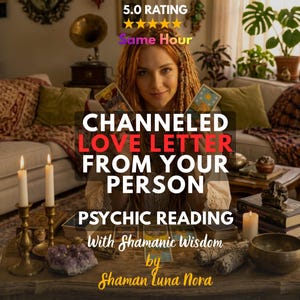 Pode incluir: Um serviço de leitura psíquica com o texto 5.0 RATING, Same Hour, CHANNELED LOVE LETTER FROM YOUR PERSON, PSYCHIC READING, With Shamanic Wisdom e by Shaman Luna Nora. A imagem mostra cartas de tarô, velas e cristais sobre uma mesa.