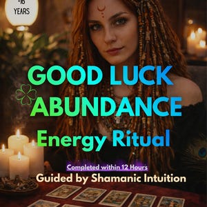 May include: A woman with red hair and a crescent moon symbol is the focal point of this image. The text reads "GOOD LUCK ABUNDANCE Energy Ritual". Additional text: "Completed within 12 Hours" and "Guided by Shamanic Intuition". Tarot cards are on a red table.