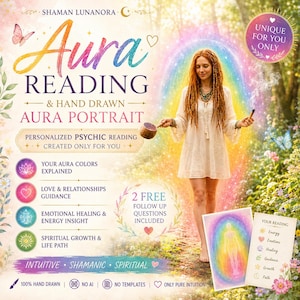 May include: A digital flyer for an Aura Reading and Hand Drawn Aura Portrait service. It features a person with long hair in a white dress surrounded by a rainbow aura, with text detailing psychic readings, energy insights, and spiritual guidance.