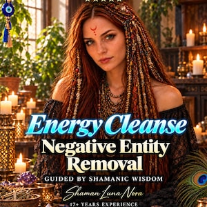 Puede incluir: Una persona con largo cabello castaño rojizo en trenzas adornadas con cuentas, vistiendo un top de encaje negro y collares en capas. La imagen incluye el texto: Energy Cleanse Negative Entity Removal, GUIDED BY SHAMANIC WISDOM, Shaman Luna Nora, 17+ YEARS EXPERIENCE.