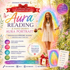 May include: A digital advertisement for an Aura Reading and Hand Drawn Aura Portrait service. It features text including Shaman Lunanora, Aura Reading, and 2 Free Follow Up Questions. A person with long hair stands amidst a rainbow aura and flowers.