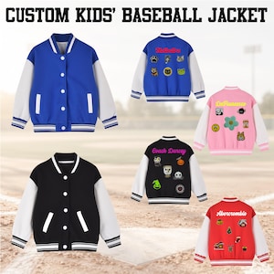 May include: A collection of custom baseball jackets in blue, black, pink, and red, each featuring white sleeves, snap-button closures, and striped ribbed trim. The backs display various embroidered patches and personalized text.
