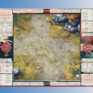 May include: A detailed game mat featuring a naturalistic outdoor scene with a dirt path, grass, and rocks. The mat has a border with Japanese-style artwork and text, along with charts and tables. The color palette includes greens, browns, and blues.