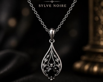 Sylve Noire Sterling Silver Necklace, Black Zircon Gothic Botanical Pendant