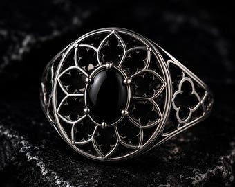 Gothic Rose Window Ring: Sterling Silver Black Zircon Cathedral Jewelry