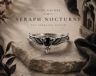 Seraph Nocturne Ring – Gothic Winged Black Stone, 925 Sterling Silver