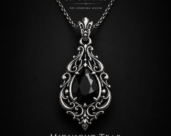 Midnight Tear Pendant | Sterling Silver Black Onyx Necklace | Vintage Baroque Jewelry