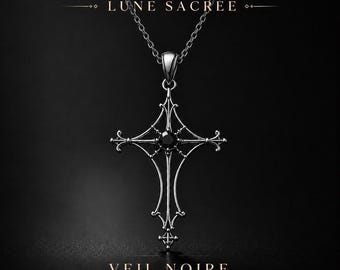 Gothic Cross Pendant Necklace – 925 Sterling Silver, Black Zircon, Medieval Jewelry