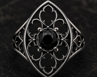 Sterling Silver Gothic Cathedral Ring | Black Zircon Statement Piece