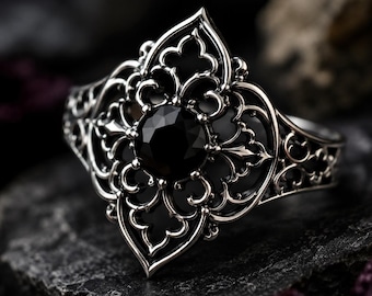 Gothic Black Onyx Ring | Sterling Silver Victorian Filigree Statement Jewelry