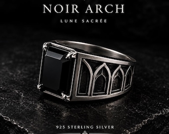Gothic Cathedral Arch Ring | Black Zircon Sterling Silver Men's Statement Ring