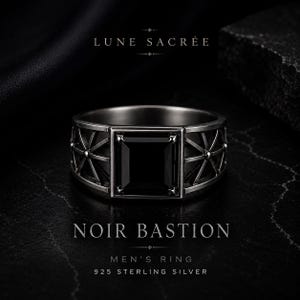 Men's Black Zircon Sterling Silver Ring, Gothic Medieval Architectural Jewelry