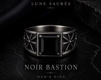 Men's Black Zircon Sterling Silver Ring, Gothic Medieval Architectural Jewelry