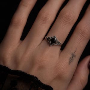 Sterling Silver Black Onyx Filigree Ring, Gothic Dark Academia Jewelry image 6