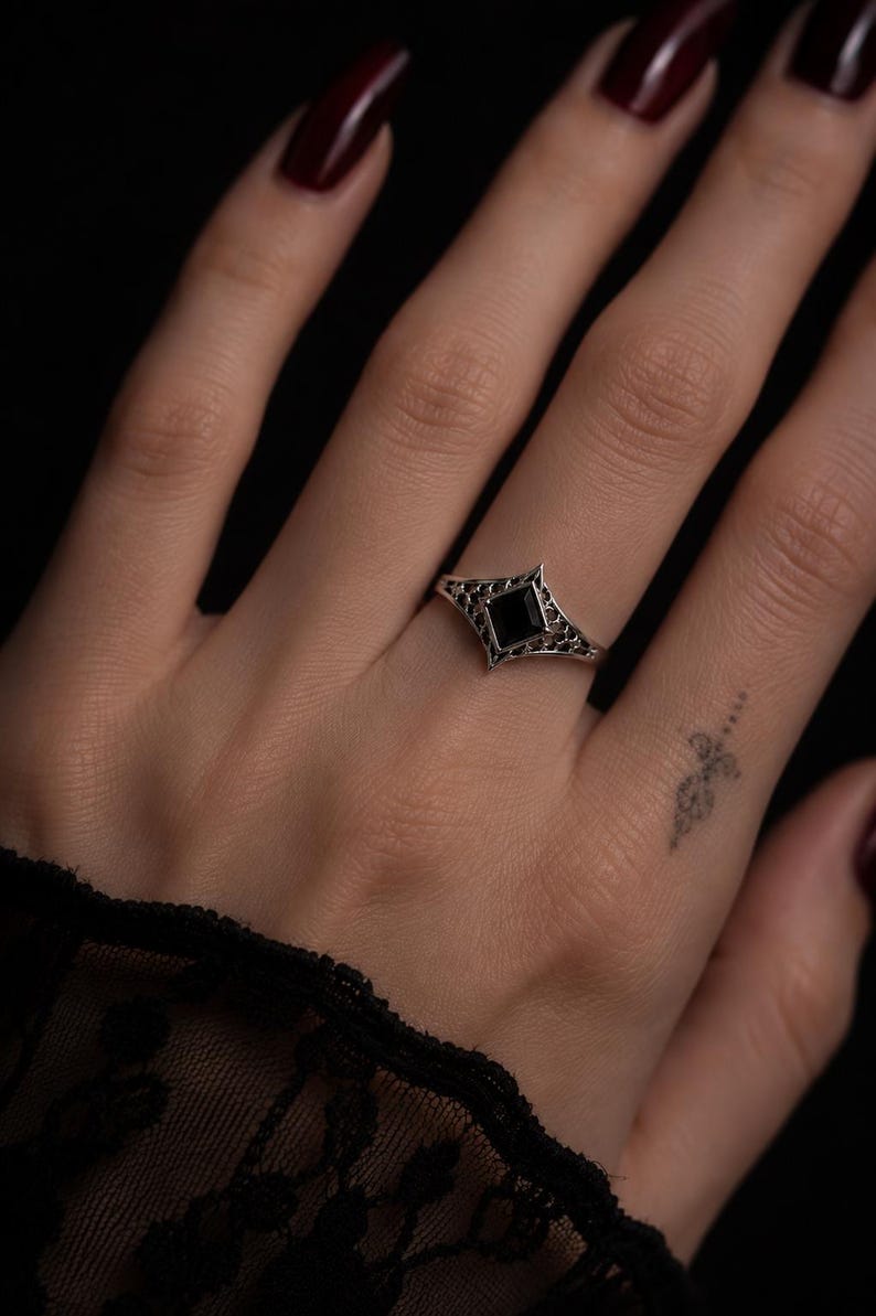 Sterling Silver Black Onyx Filigree Ring, Gothic Dark Academia Jewelry image 6