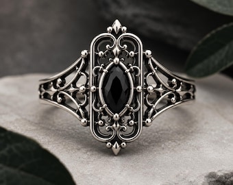 Gothic Black Onyx Ring | Sterling Silver Statement | Victorian Filigree Design