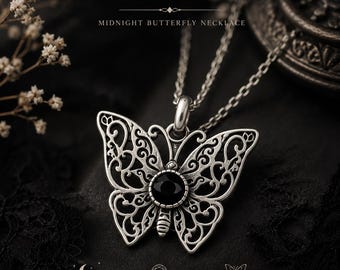 Sterling Silver Filigree Butterfly Necklace, Black Onyx Pendant, Gothic Jewelry