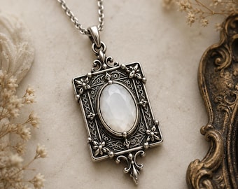 Sterling Silver Moonstone Pendant – Victorian Gothic Locket Necklace