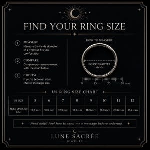 May include: A black informational graphic titled FIND YOUR RING SIZE with a silver ring, a 30 mm ruler, and a US ring size chart. The text provides instructions to measure the inside diameter of a ring to determine the correct size from 5 to 12.
