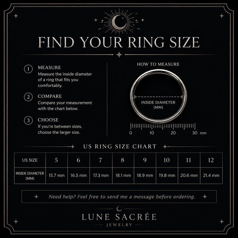 May include: A black informational graphic titled FIND YOUR RING SIZE with a silver ring, a 30 mm ruler, and a US ring size chart. The text provides instructions to measure the inside diameter of a ring to determine the correct size from 5 to 12.