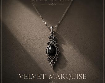 Velvet Marquise Necklace – Black Zircon Gothic Pendant, 925 Sterling Silver, Victorian Filigree Jewelry
