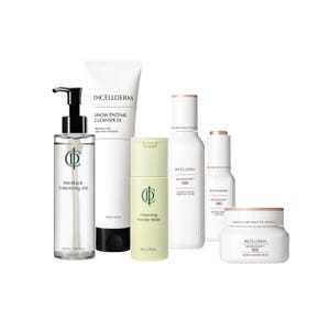 May include: A collection of skincare products, including a moisture cleansing oil, snow enzyme cleanser, and cleansing powder wash. The products are in white and light green containers with black and gold accents. The brand name "INCELLDERM" is visible on several items.