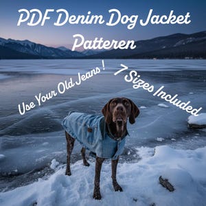 May include: A light blue denim dog jacket with a dark collar and a chest pocket. The text on the image reads: PDF Denim Dog Jacket Patteren, Use Your Old Jeans!, 7 Sizes Included. The jacket is worn by a brown dog standing in the snow.