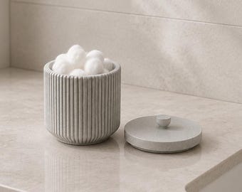 Japandi Cotton Ball Holder with Lid | Marble Ribbed Vanity Organizer Jar