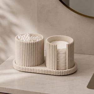 Japandi Qtip & Cotton Pad Organizer Set | Marble Ribbed Bathroom Vanity Storage | Minimalist Countertop Organizer image 1