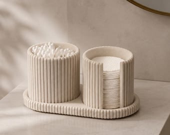 Japandi Qtip & Cotton Pad Organizer Set | Marble Ribbed Bathroom Vanity Storage | Minimalist Countertop Organizer