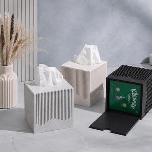 Square Tissue Box Cover with Magnetic Lid | Modern Ribbed Kleenex Holder | Japandi Fluted Bathroom Decor