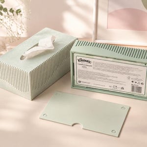 May include: A light green tissue box with a textured, vertical-lined design. The box is rectangular with an oval opening for tissue dispensing. The Kleenex Comfort Touch box is open, revealing the tissue refill. A separate lid is also visible.