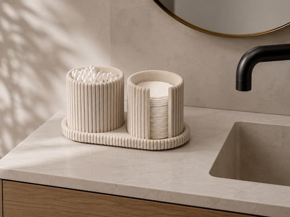 Japandi Qtip & Cotton Pad Organizer Set | Marble Ribbed Bathroom Vanity Storage | Minimalist Countertop Organizer