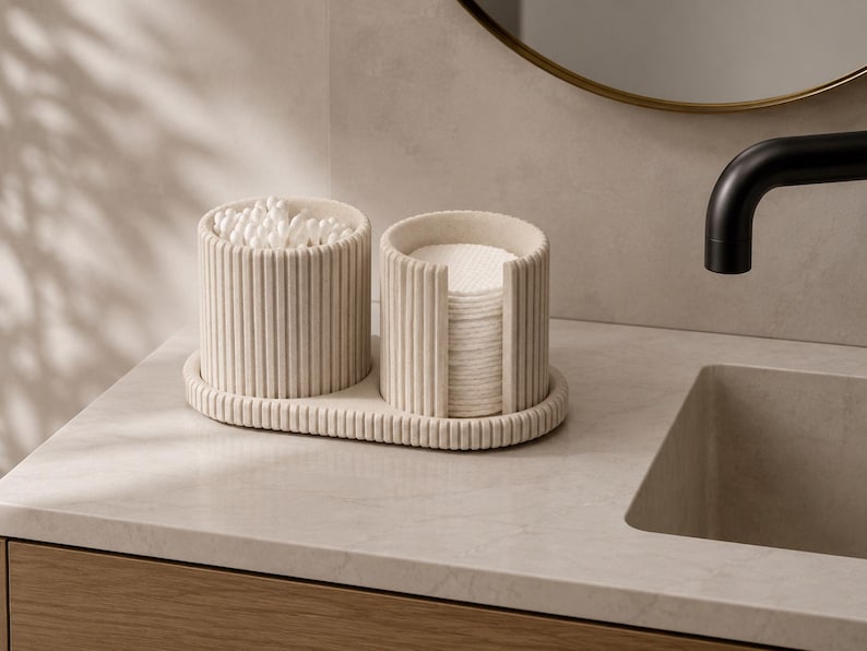 Japandi Qtip & Cotton Pad Organizer Set | Marble Ribbed Bathroom Vanity Storage | Minimalist Countertop Organizer image 1