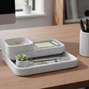 Juego organizador apilable moderno / Caja de almacenamiento acanalada de mármol con bandejas modulares / Para escritorio, tocador, manualidades y joyería