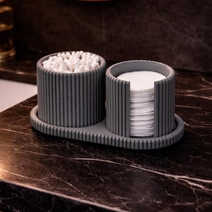 Japandi Qtip & Cotton Pad Organizer Set | Marble Ribbed Bathroom Vanity Storage | Minimalist Countertop Organizer image 8