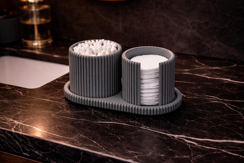 Japandi Qtip & Cotton Pad Organizer Set | Marble Ribbed Bathroom Vanity Storage | Minimalist Countertop Organizer image 8