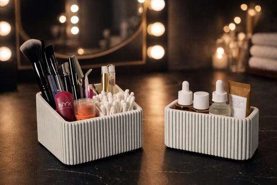 Japandi Makeup Organizer Set | Marble Ribbed Vanity Storage Tray | Minimalist Bathroom Countertop Organizer