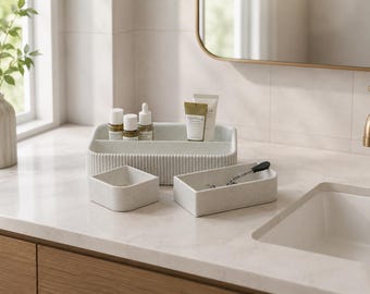 Japandi Modular Vanity Organizer | Marble Ribbed Tray with Removable Bins | Minimalist Bathroom Countertop Storage