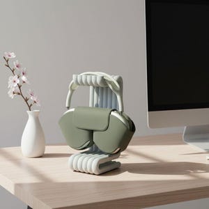 May include: A sage green and white over-ear headphone set rests on a matching stand. The stand has a unique, wavy design. A white vase with pink flowers sits to the left of the headphones. A computer monitor is in the background.