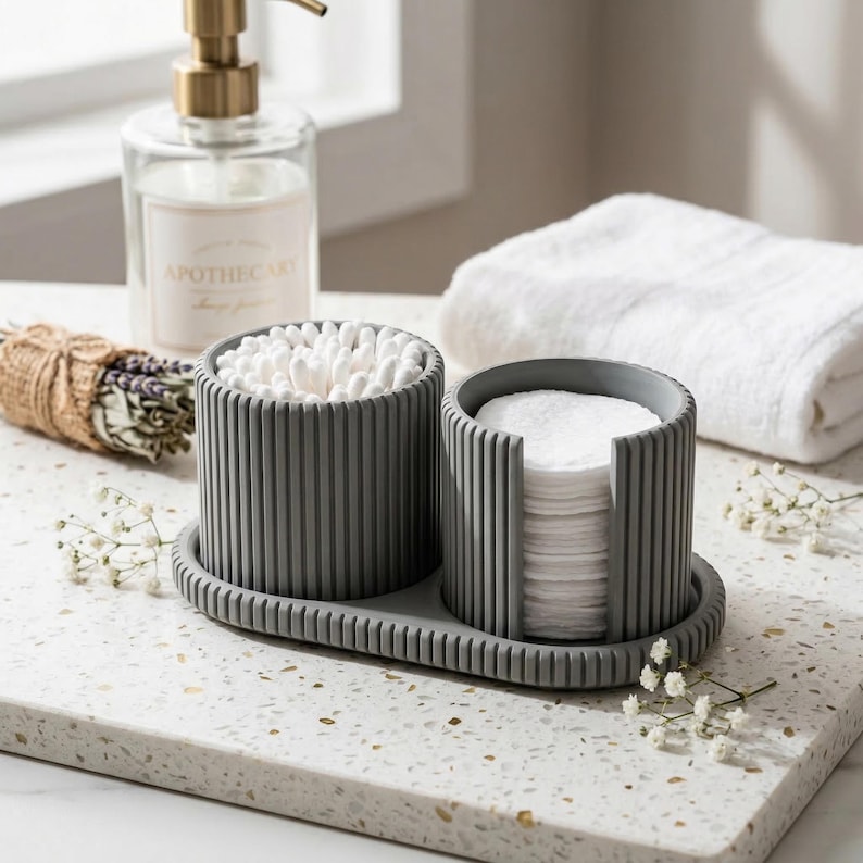 Japandi Qtip & Cotton Pad Organizer Set | Marble Ribbed Bathroom Vanity Storage | Minimalist Countertop Organizer image 5